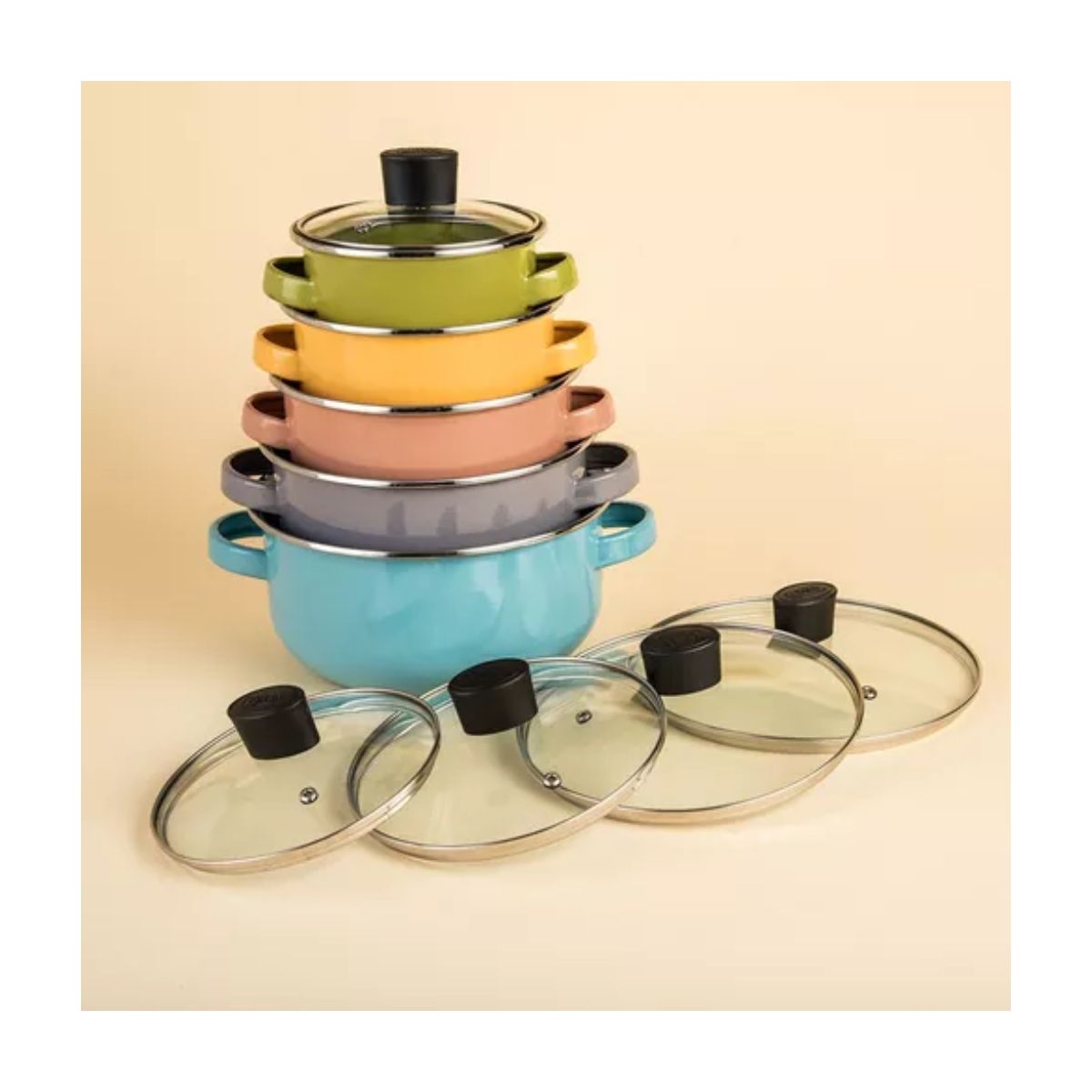 Juego De 5 Ollas Budineras Altas Cinsa Multicolor Con Tapa Colores