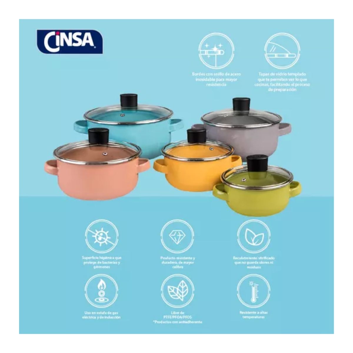 Juego De 5 Ollas Budineras Altas Cinsa Multicolor Con Tapa Colores