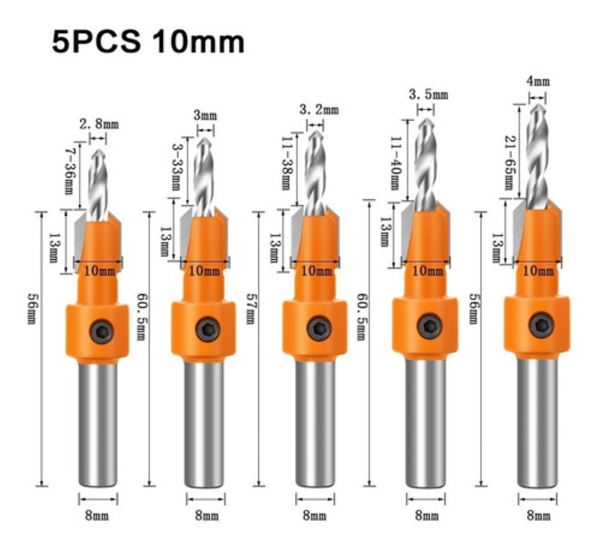 Broca Avellanadora Para Carpintería, 5 Pzs. 8MM Naranja