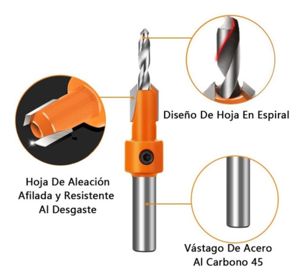 Broca Avellanadora Para Carpintería, 5 Pzs. 8MM Naranja