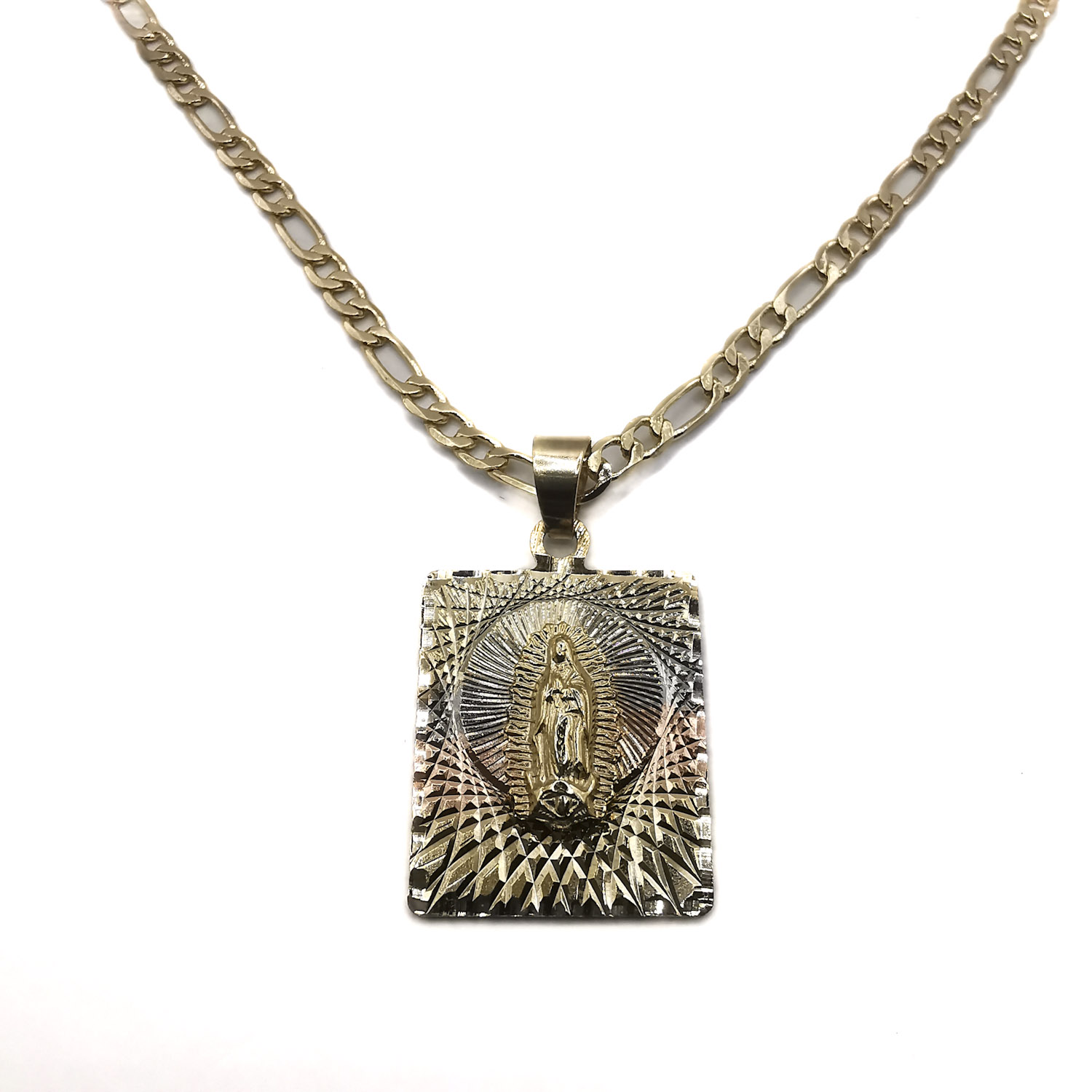 Medalla Virgen Guadalupe cuadro Cadena figaro chapa de oro de 18 K SILVER & GOLD