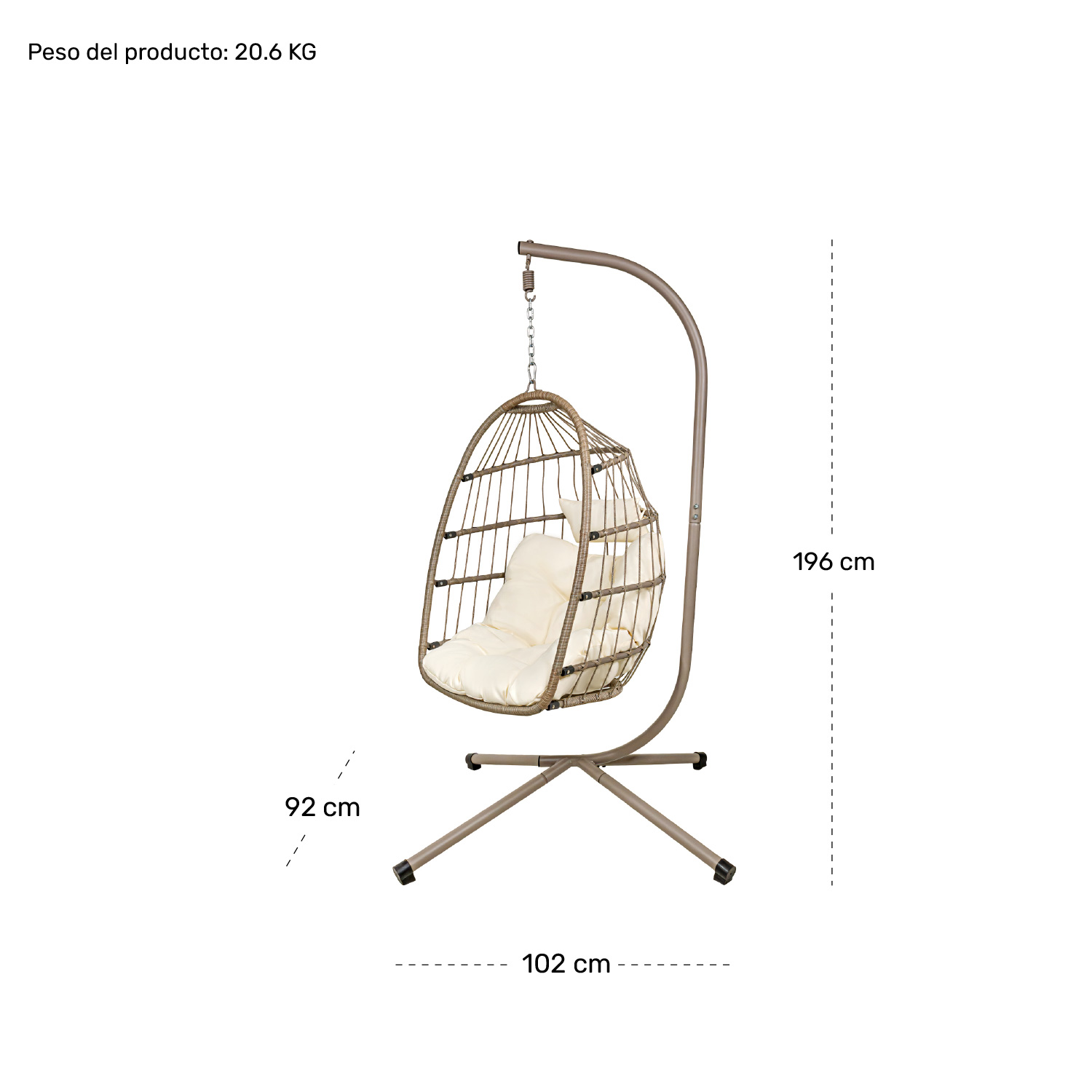 Silla Columpio Colgante Hamaca Jardin Exteriores + Cojines Beige