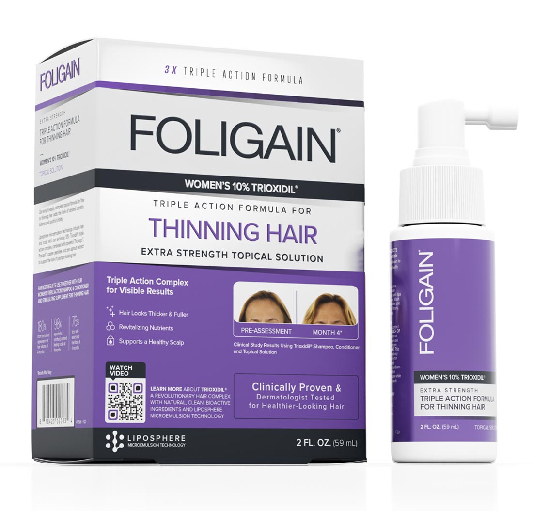 Foligain Trioxidil 10% triple acción con bloqueador de dht, anti-adelgazamiento para mujeres con alopecia.