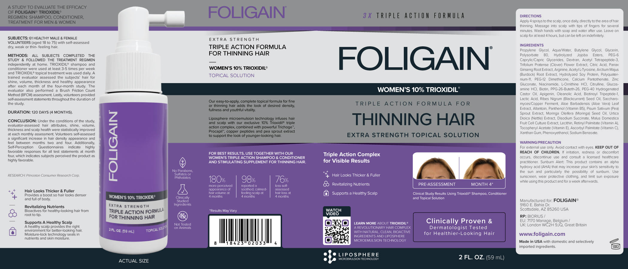 Foligain Trioxidil 10% triple acción con bloqueador de dht, anti-adelgazamiento para mujeres con alopecia.