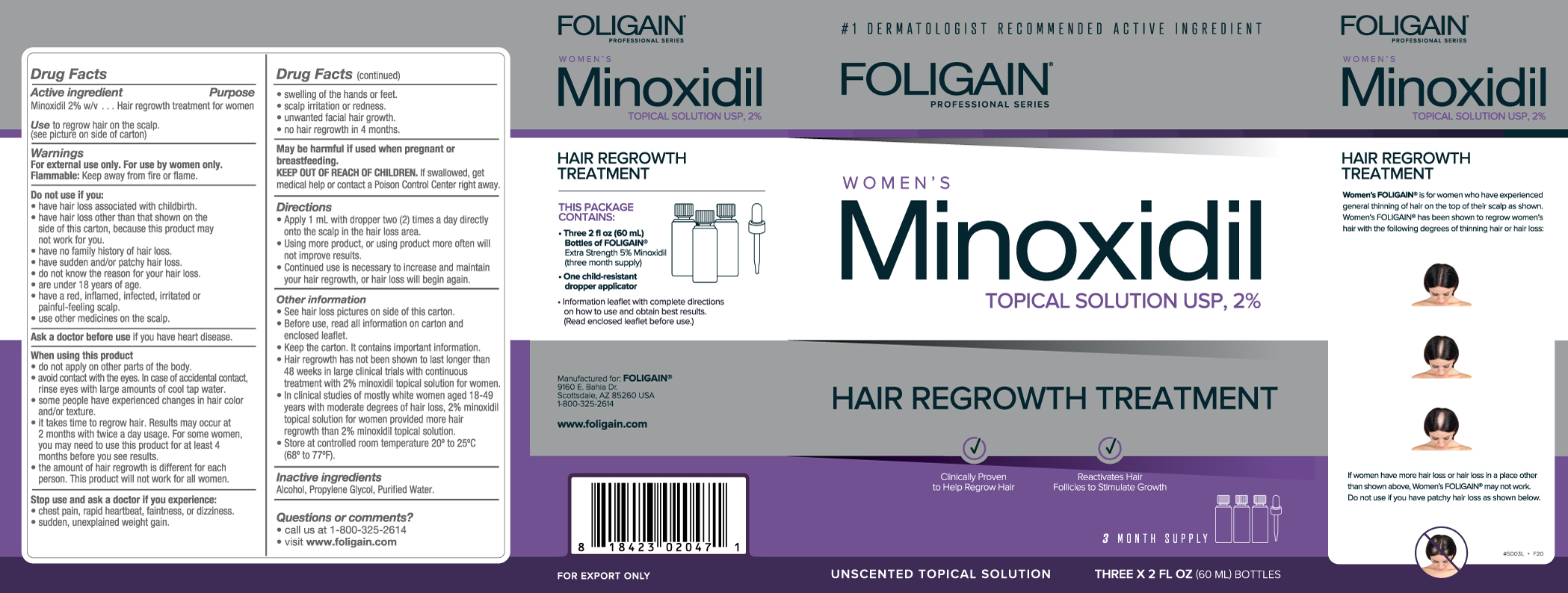 Foligain Minoxidil 2% para mujeres con cabello fino o alopecia 3 frascos para 3 meses de tratamiento.