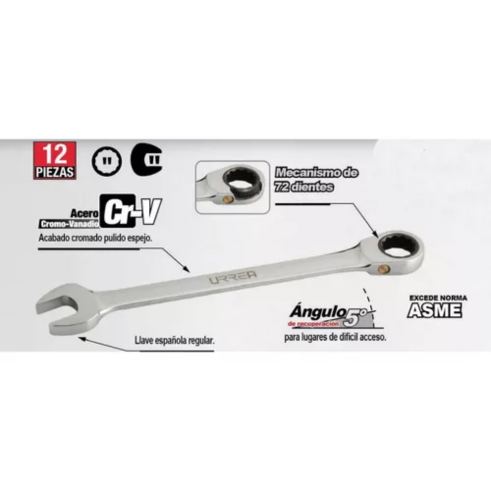 Juego 12 Llaves Combinadas Matraca Pulgadas Acero Urrea