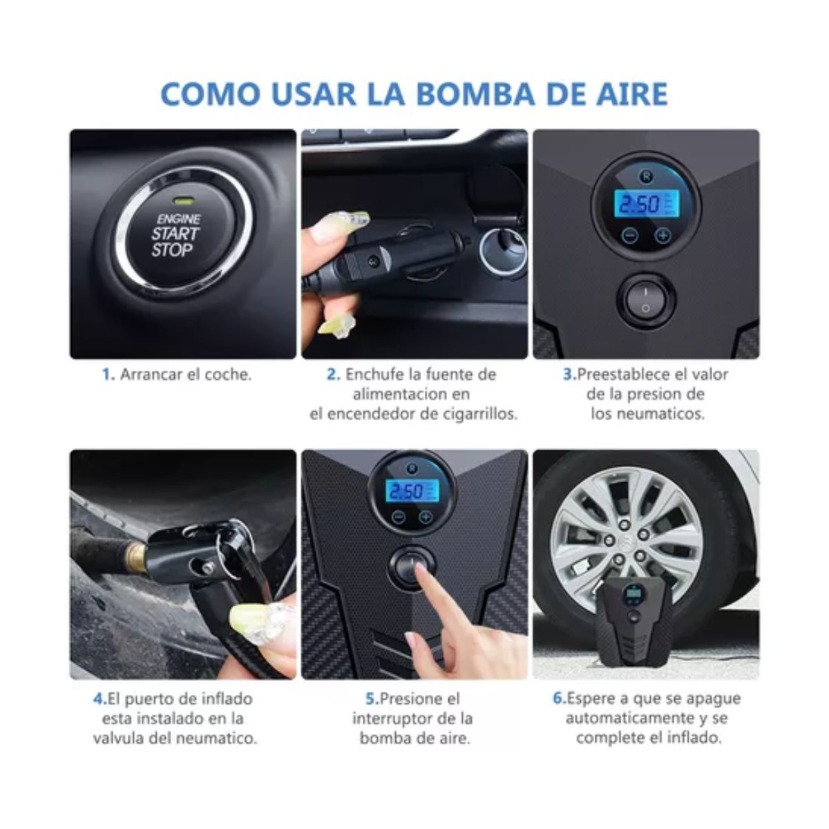 Mini Compresor De Aire Portatil Inflador De Llanta Para Auto Negro