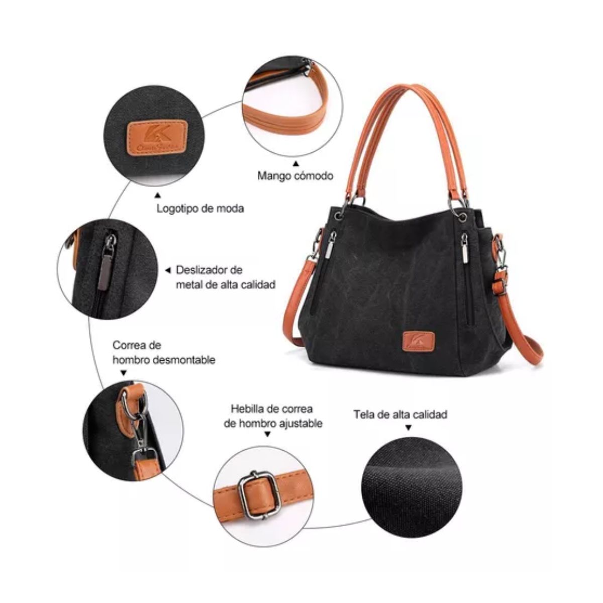 Bolso Multifuncional De Lona De Gran Capacidad Para Mujer Negro/cafe
