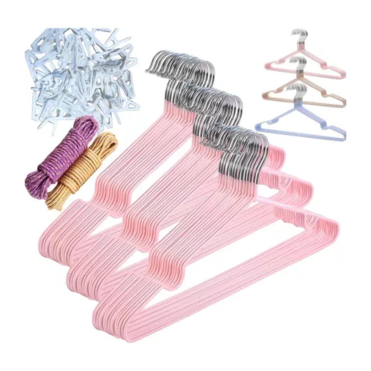 25 Ganchos Para Ropa Organizador+50pinzas Ropa+20m Tendedero Rosa nórdico