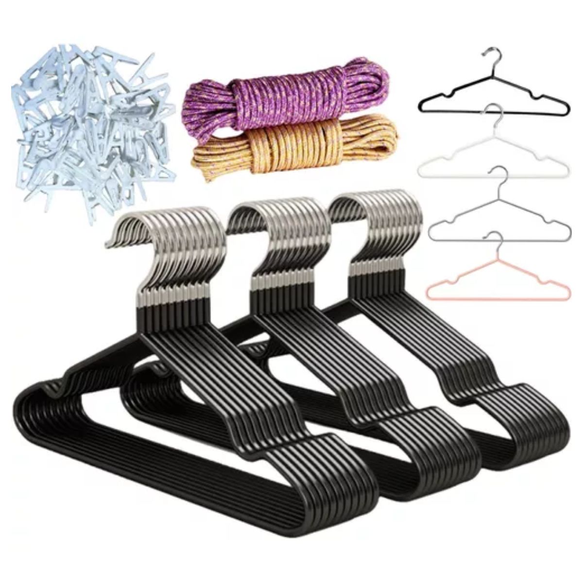 25 Ganchos Para Ropa Organizador+20m Tendedero+50pinzas Ropa Negro