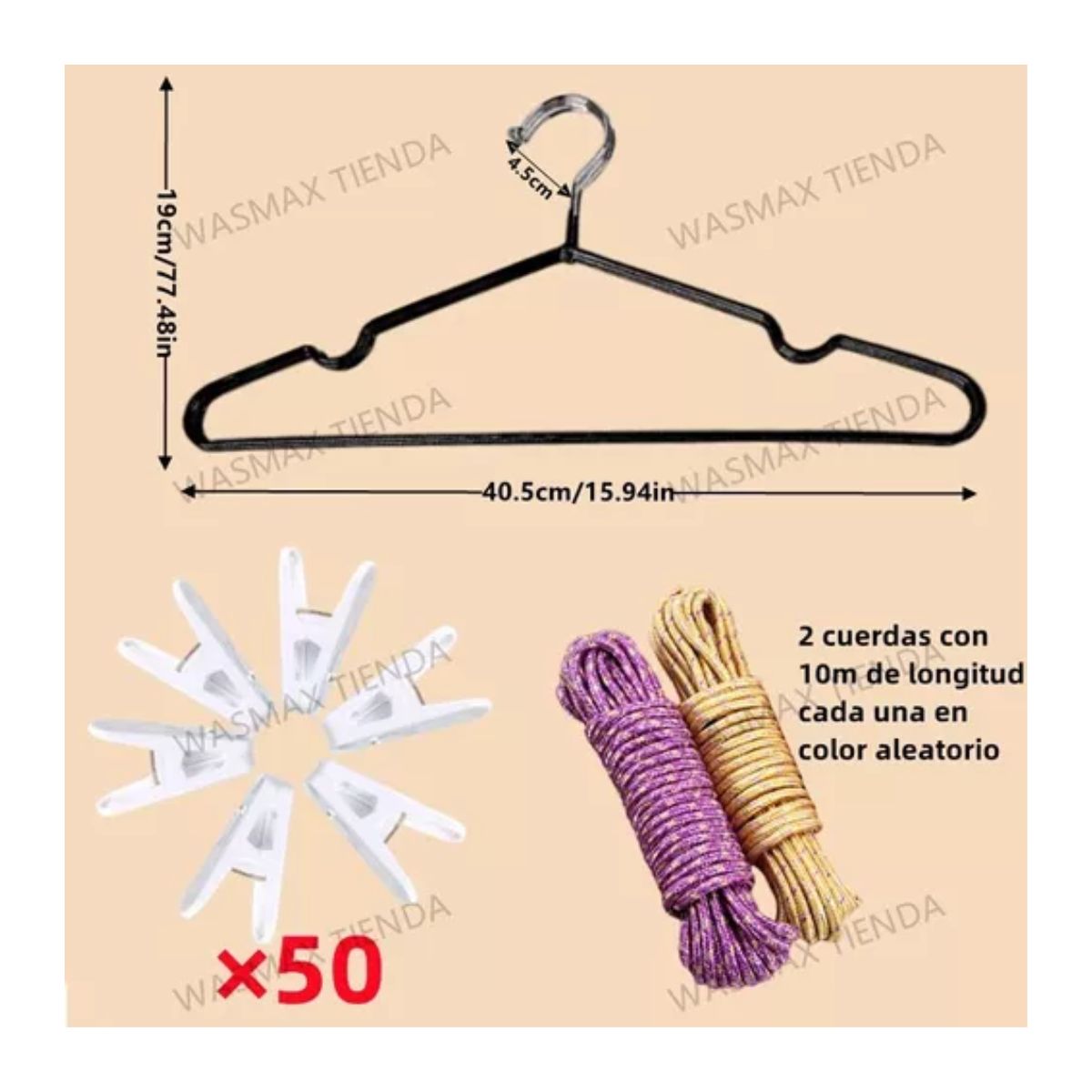25 Ganchos Para Ropa Organizador+20m Tendedero+50pinzas Ropa Negro
