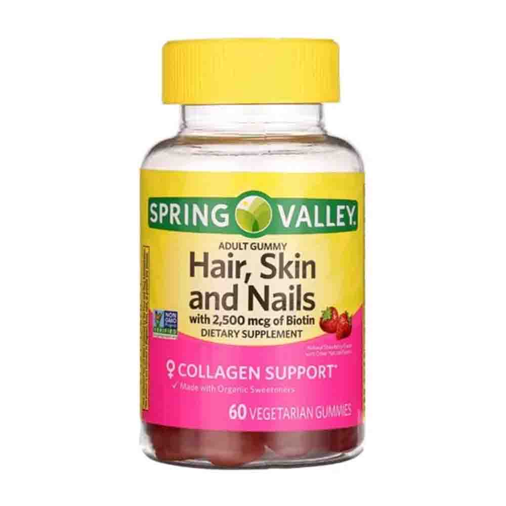 Biotin + Colágeno 2500mcg Hair, Skin, Nails, Spring Valley 60 Gomitas