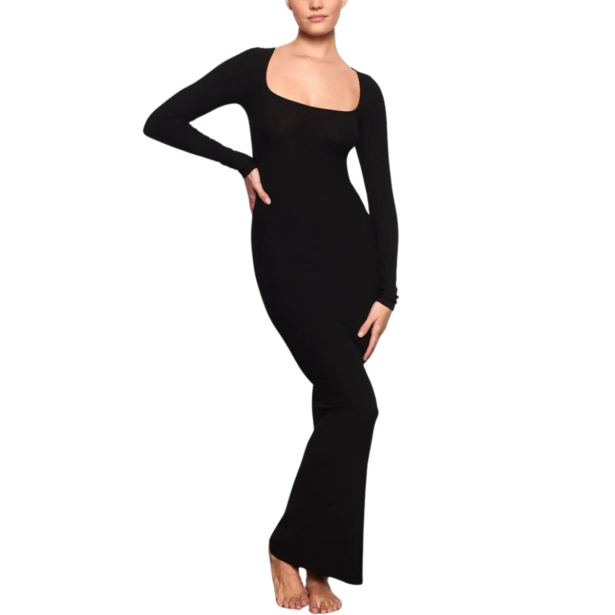 Vestido largo de manga larga con cuello cuadrado estilo casual.