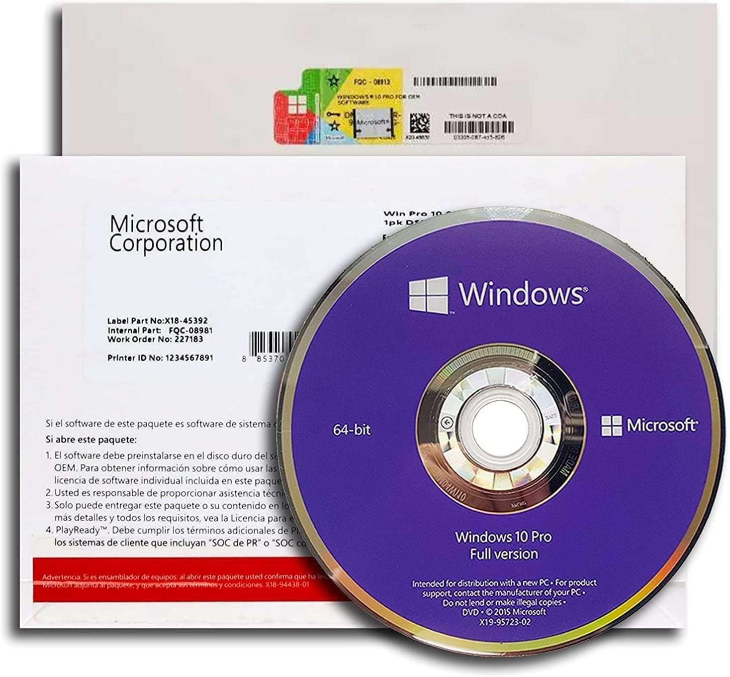  Microsoft Sistema Operativo Windows 10 Pro, OEM 1 Licencia(s), Licencia, Espanol, 64 bits 