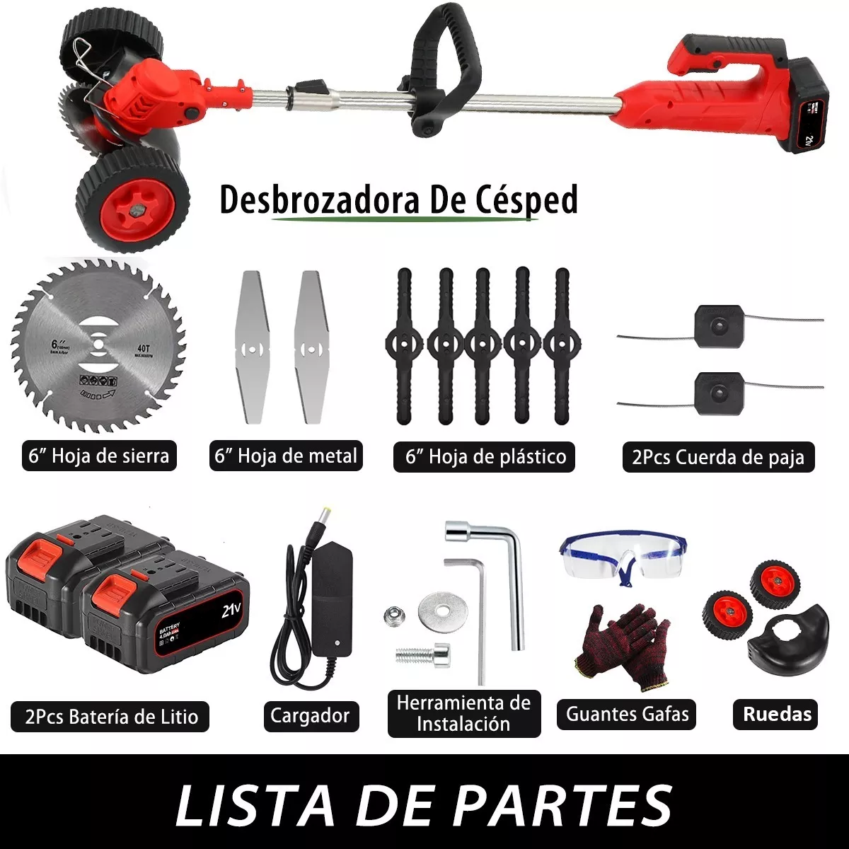 Desbrozadora Eléctrica Inalámbrica Con Ruedas 2 Baterías 21v