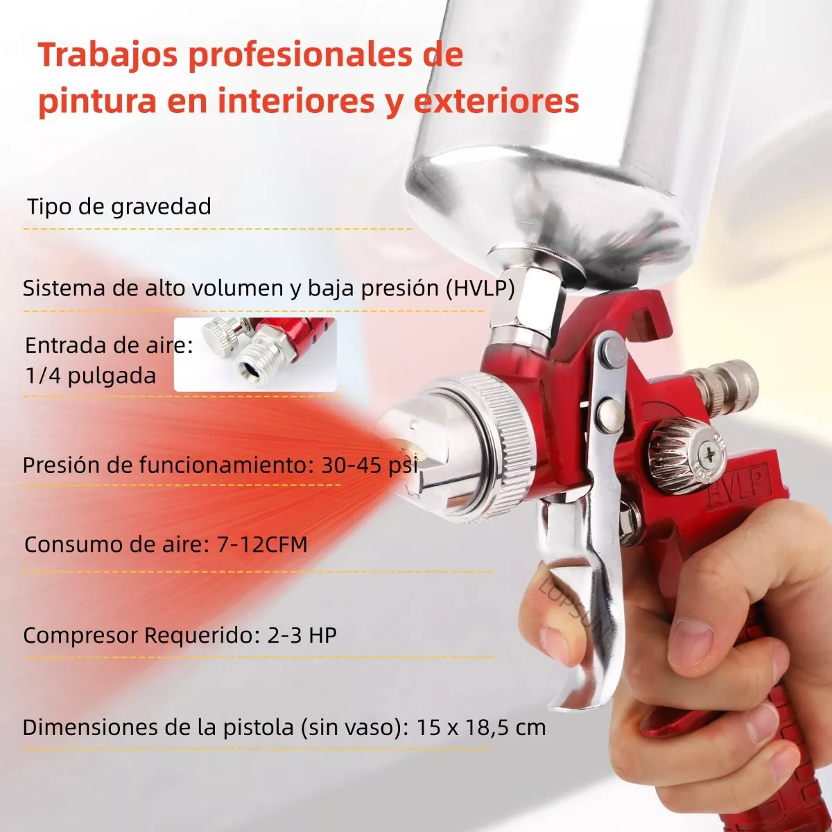 Pistola Gravedad Hvlp Pintura 1000ml Vaso Aluminio Para Auto Rojo