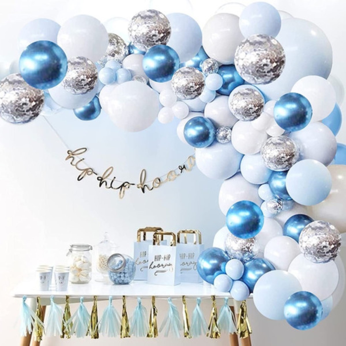 Decoracion Fiestas Globos Azul Blanco/plata 104 Latex Glitter Confeti
