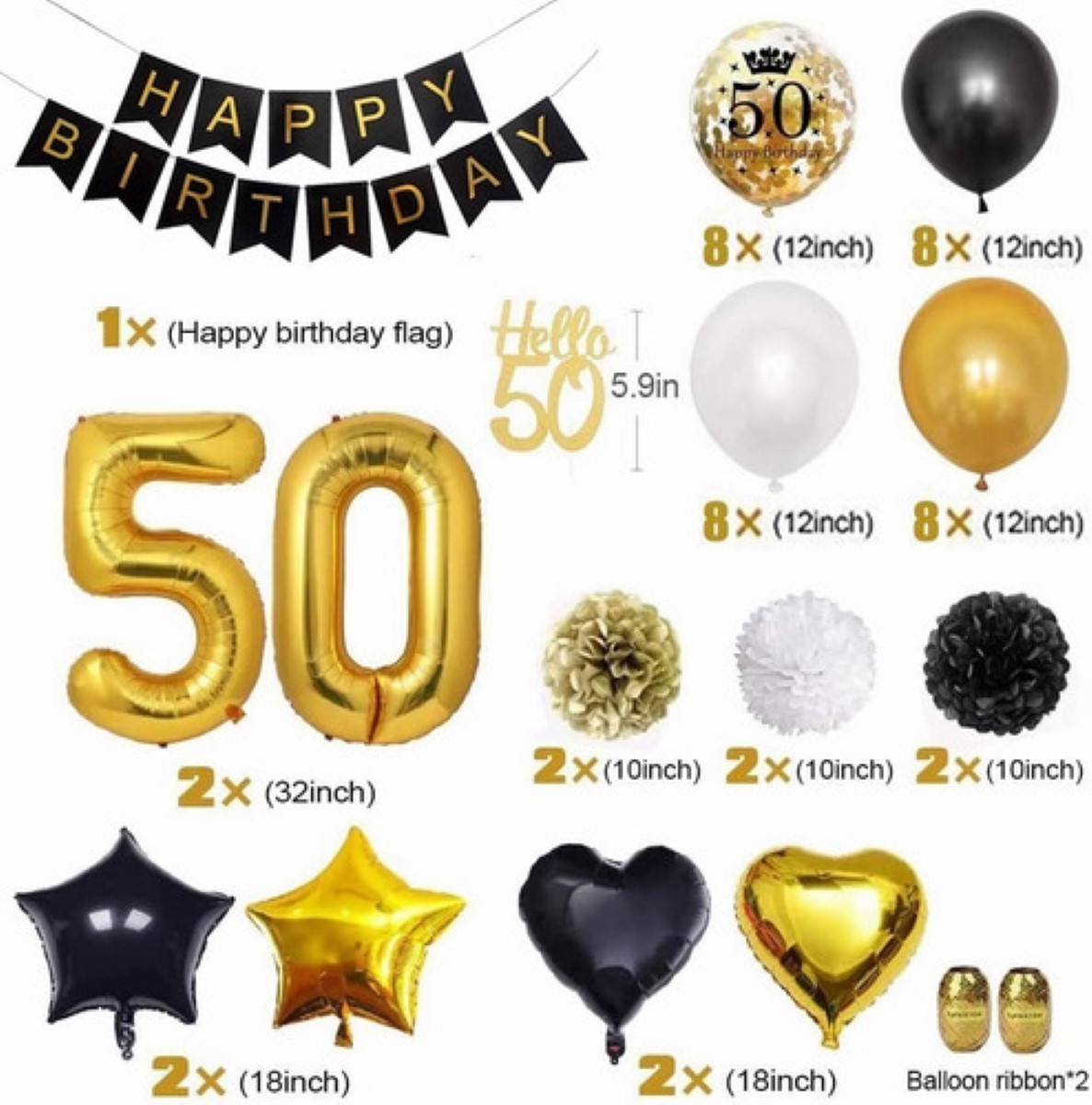 Decoración Para 50 Cumpleaños Globos De Oro Negro 50 