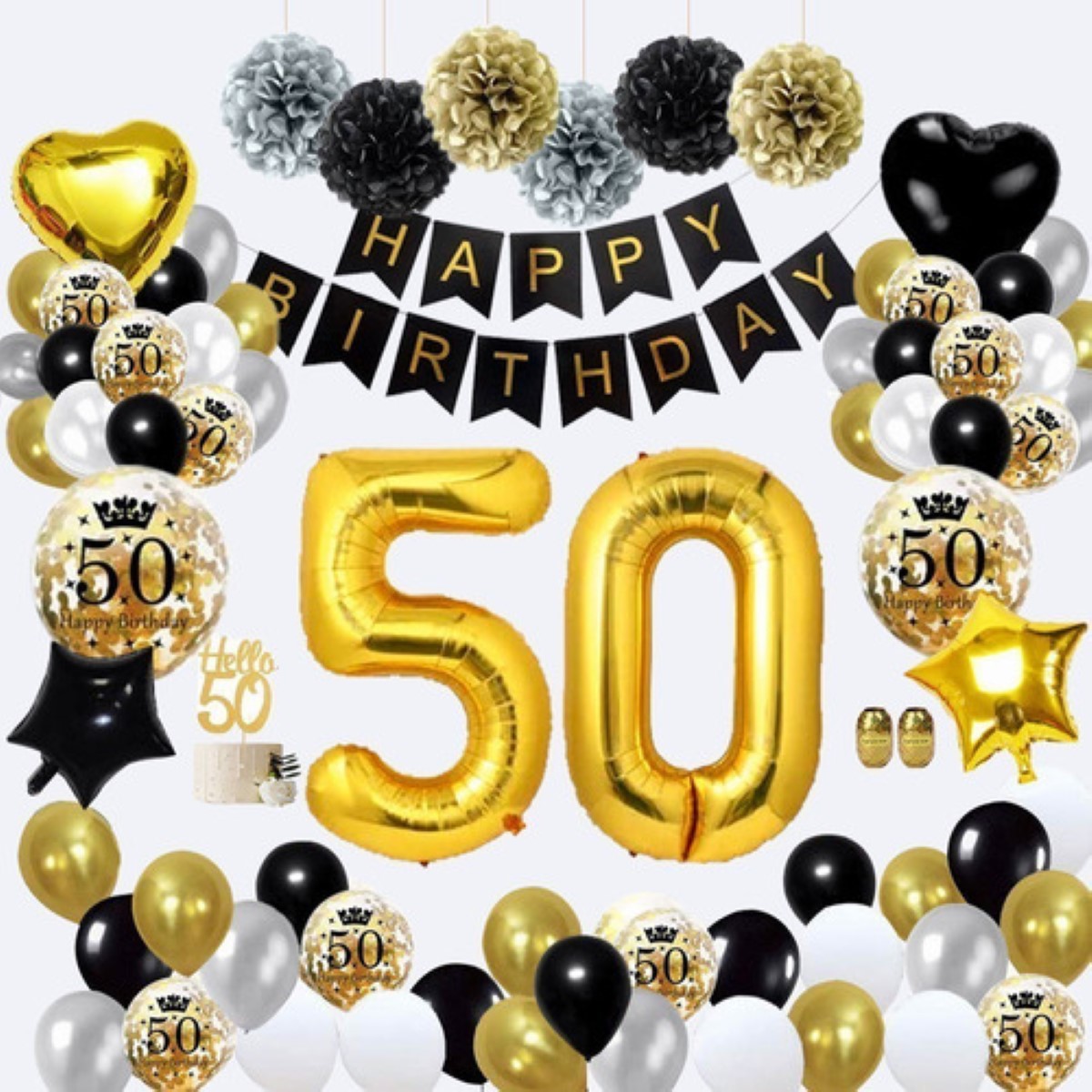 Decoración Para 50 Cumpleaños Globos De Oro Negro 50 