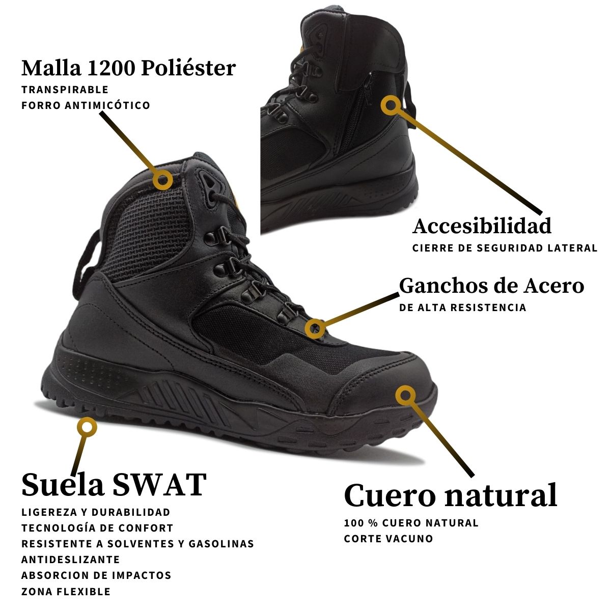 Bota Táctica de Piel Tipo Swat Ligera Cómoda Certificada 3700