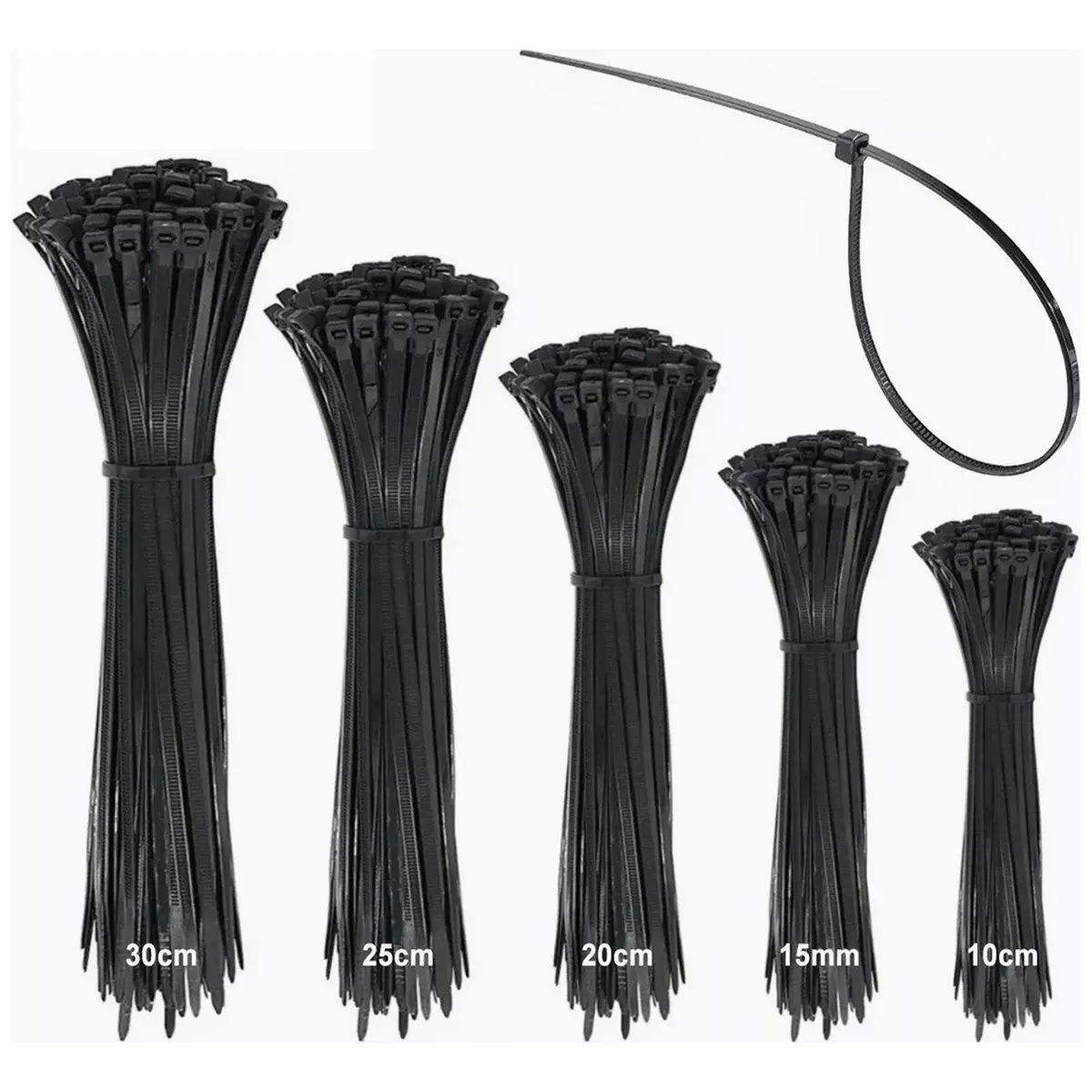 Set Cincho Plástico, 5 Tamaños,10,15,20,25,30cm,500 Pzs Negro