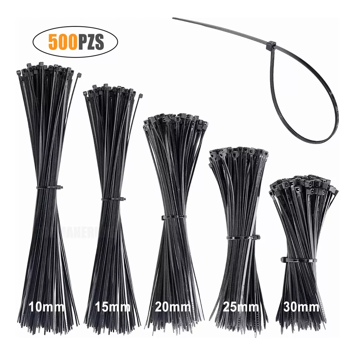 Set Cincho Plástico, 5 Tamaños,10,15,20,25,30cm,500 Pzs Negro