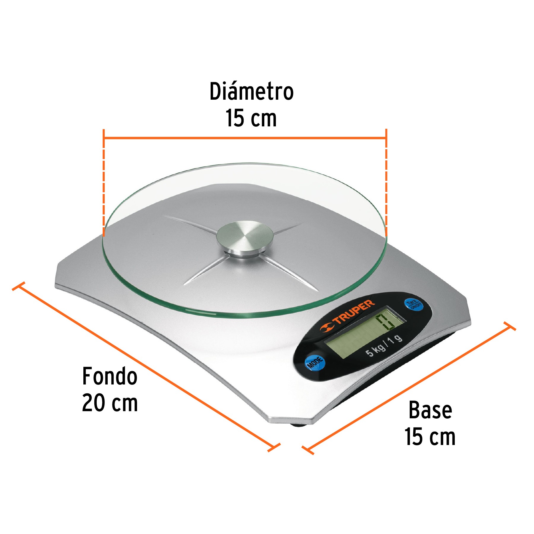 BÁSCULA DIGITAL PARA COCINA PLATO DE VIDRIO, 5 KG, TRUPER 15160