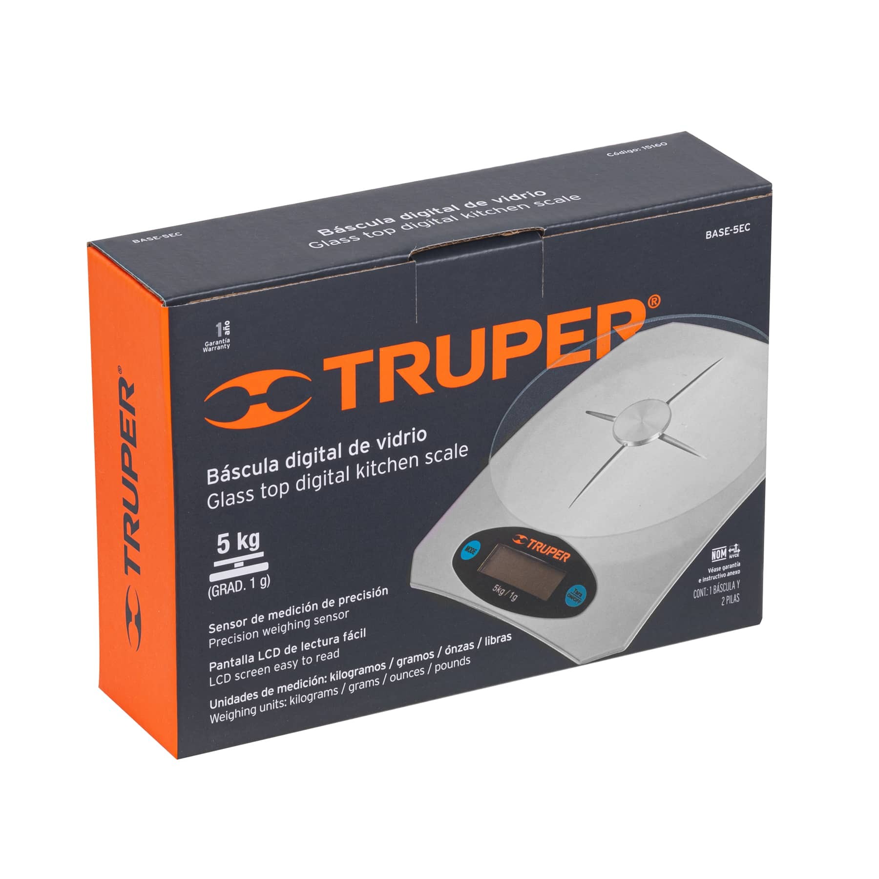 BÁSCULA DIGITAL PARA COCINA PLATO DE VIDRIO, 5 KG, TRUPER 15160