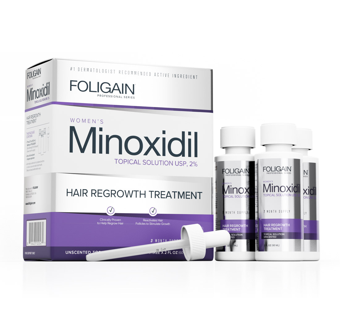 Foligain Minoxidil 2% para mujeres con cabello fino o alopecia 3 frascos para 3 meses de tratamiento.