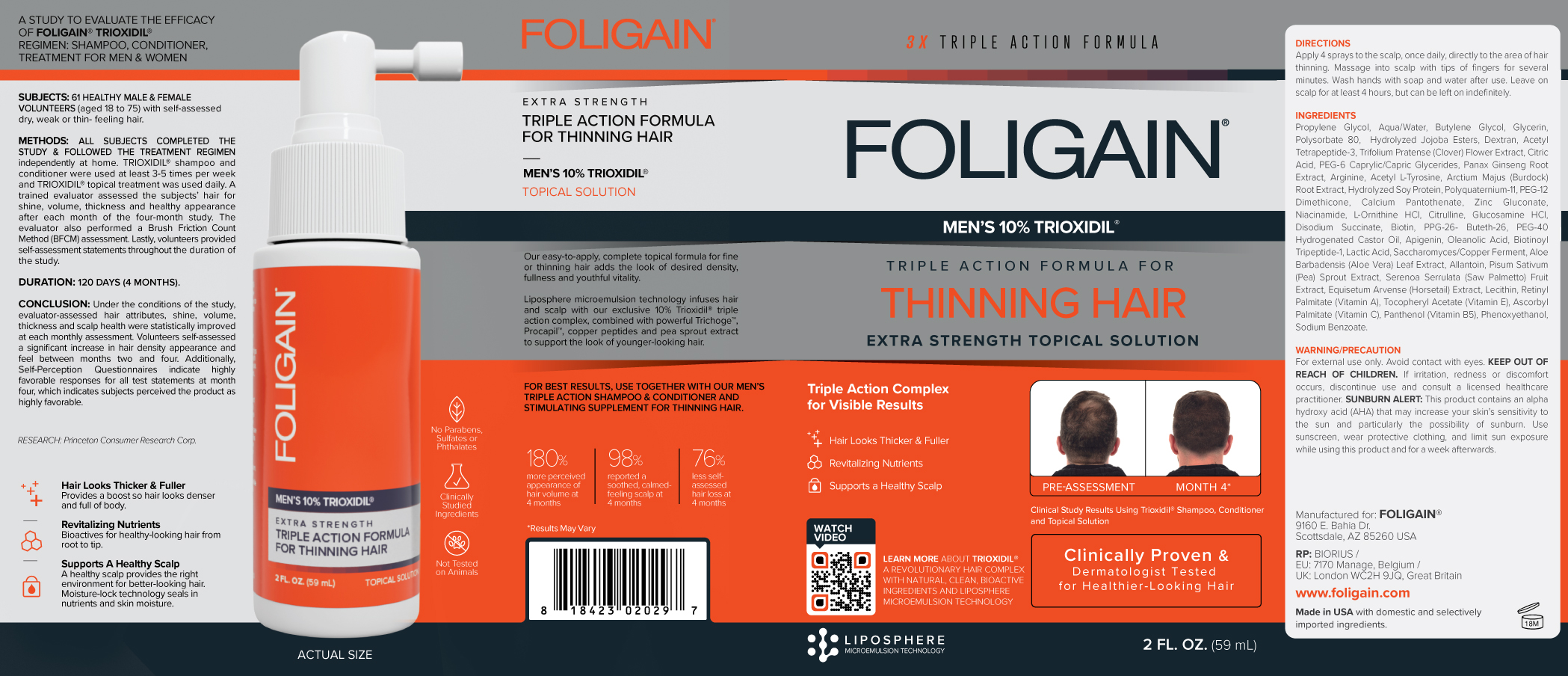 Foligain Trioxidil 10% triple acción con Bloqueador de Dht, Anti-adelgazamiento para Hombres con alopecia