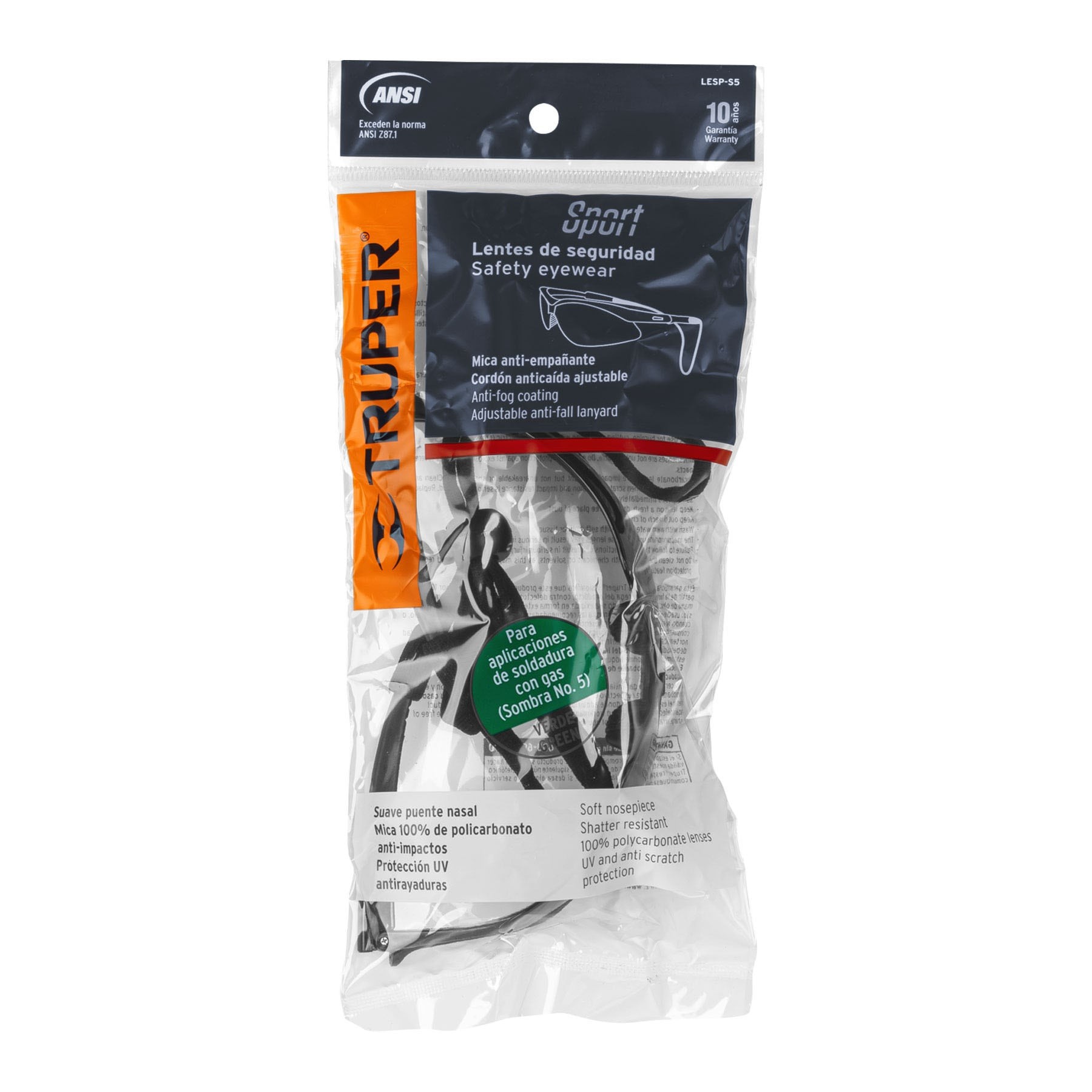 LENTES SEGURIDAD VERDE ANTIEMPAÑO C/CORDÓN AJUSTABLE, SPORT TRUPER 15178