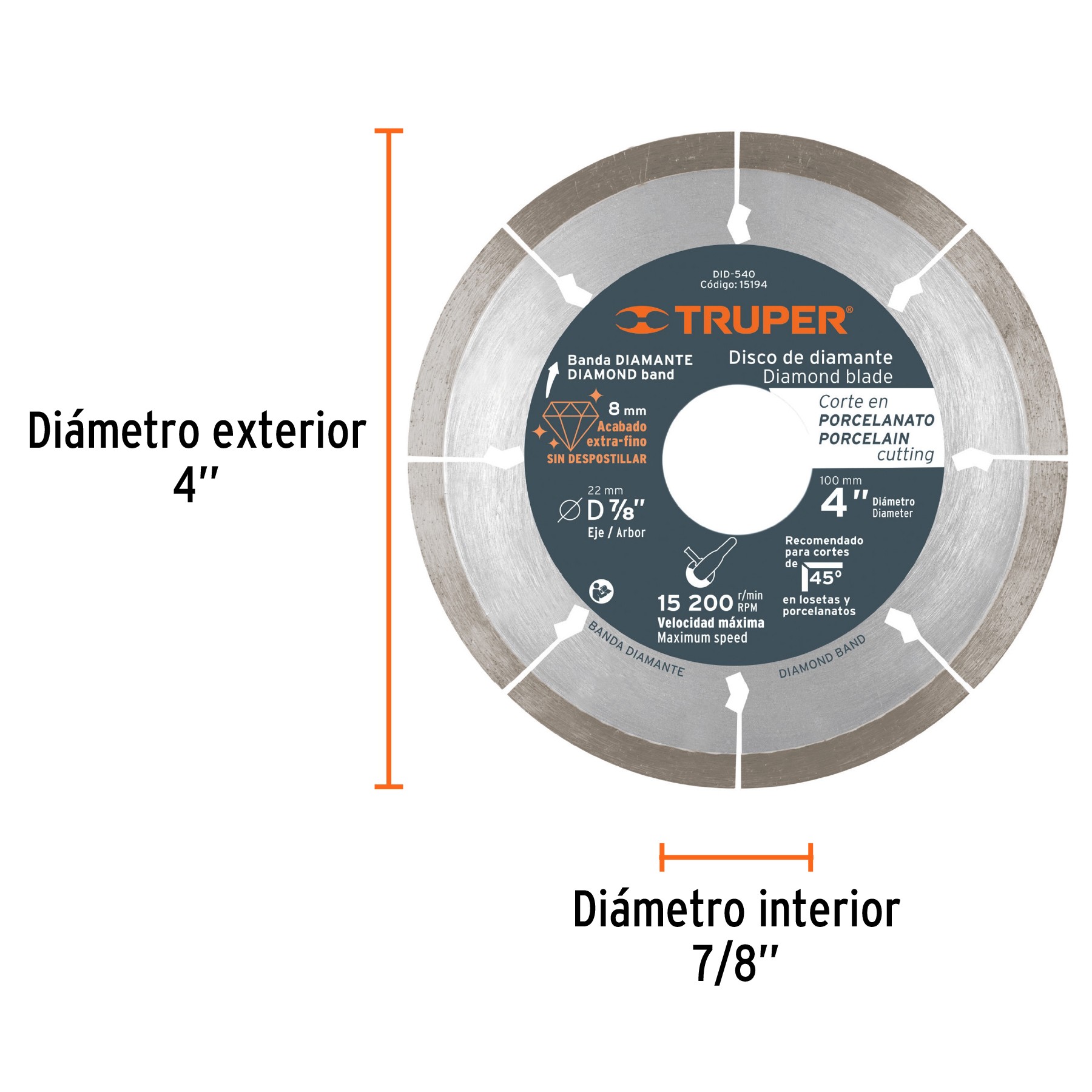 DISCO DE DIAMANTE DE 4" X 1.3 MM CORTE DE PORCELANATO TRUPER 15194