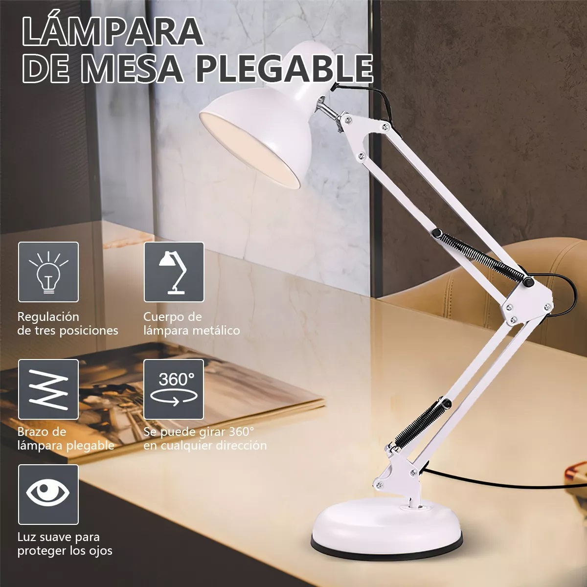 Lámpara De Escritorio Brazo Giratoria 360 Con Clip Y Base Blanco
