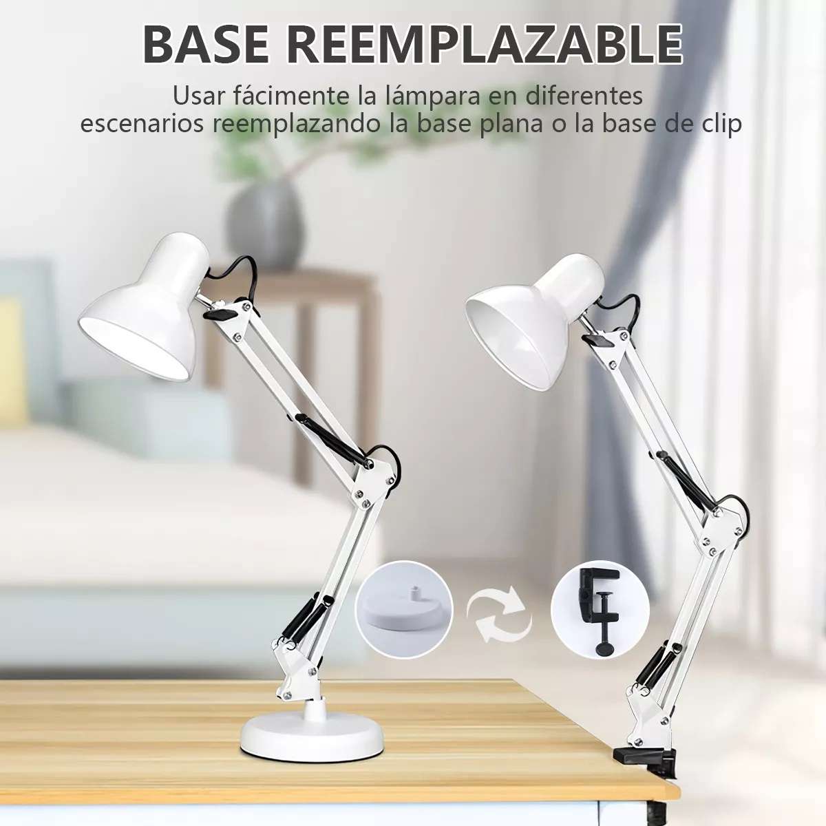 Lámpara De Escritorio Brazo Giratoria 360 Con Clip Y Base Blanco