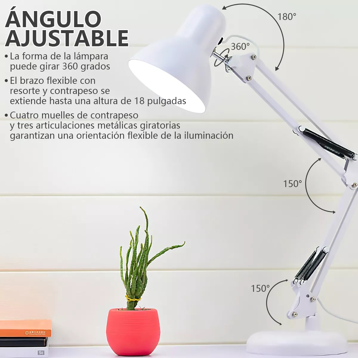 Lámpara De Escritorio Brazo Giratoria 360 Con Clip Y Base Blanco