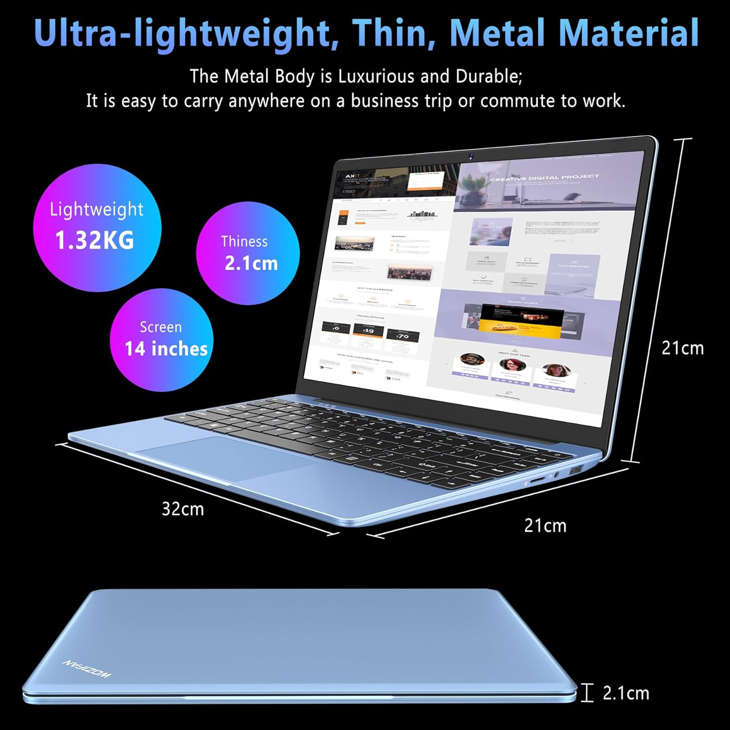 Laptop Portátil de 14 pulgadas, 6 GB, RAM 256 GB, SSD, Celeron 4020, Win 11, Full Metal 2.4GHDMI, 1920 x 1080 Azul