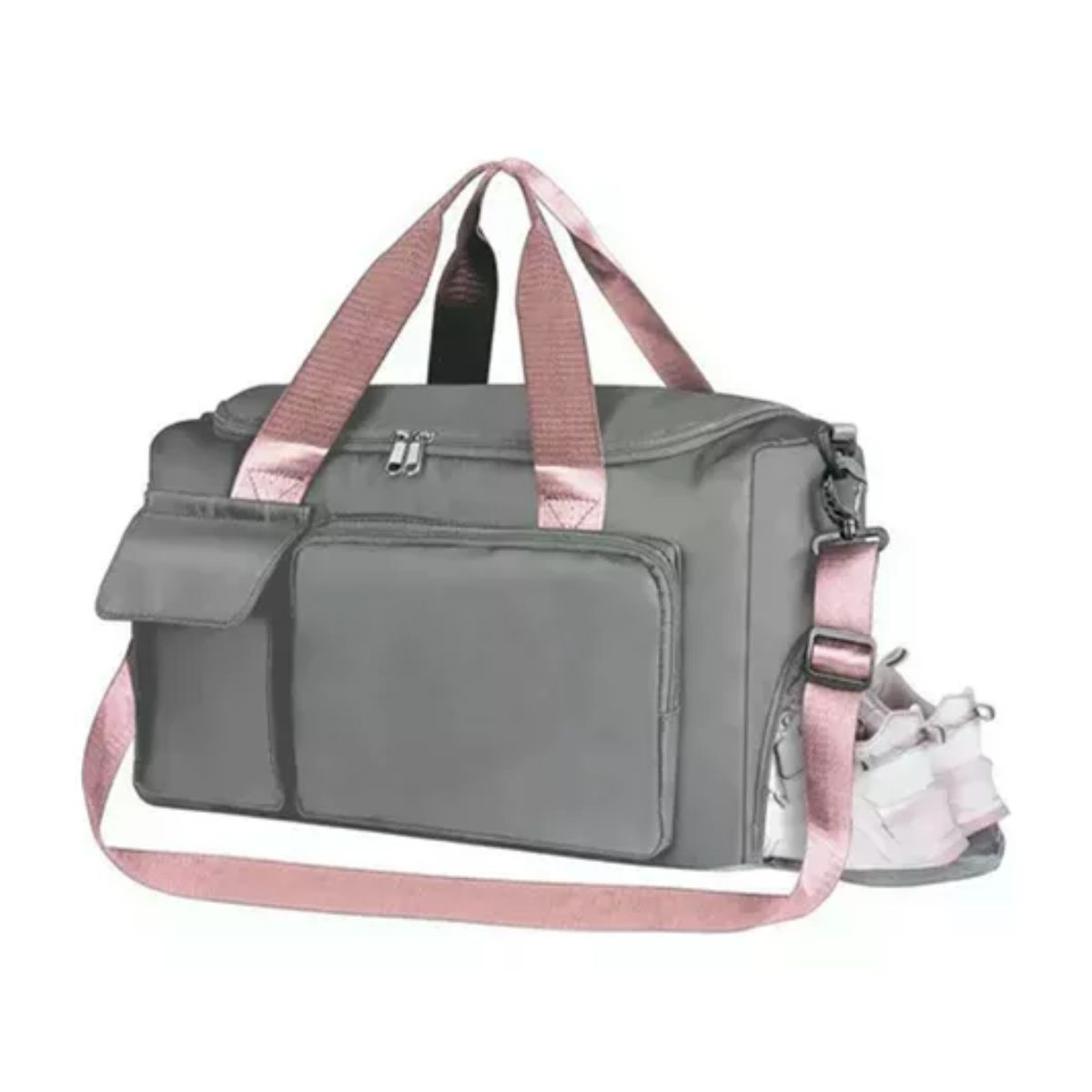 Maleta Gym Deportiva Bolsa Mujer Viaje Mochila Fitness Gris cintas rosa