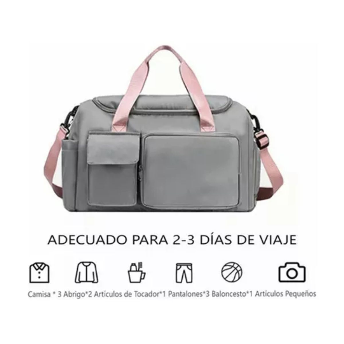 Maleta Gym Deportiva Bolsa Mujer Viaje Mochila Fitness Gris cintas rosa