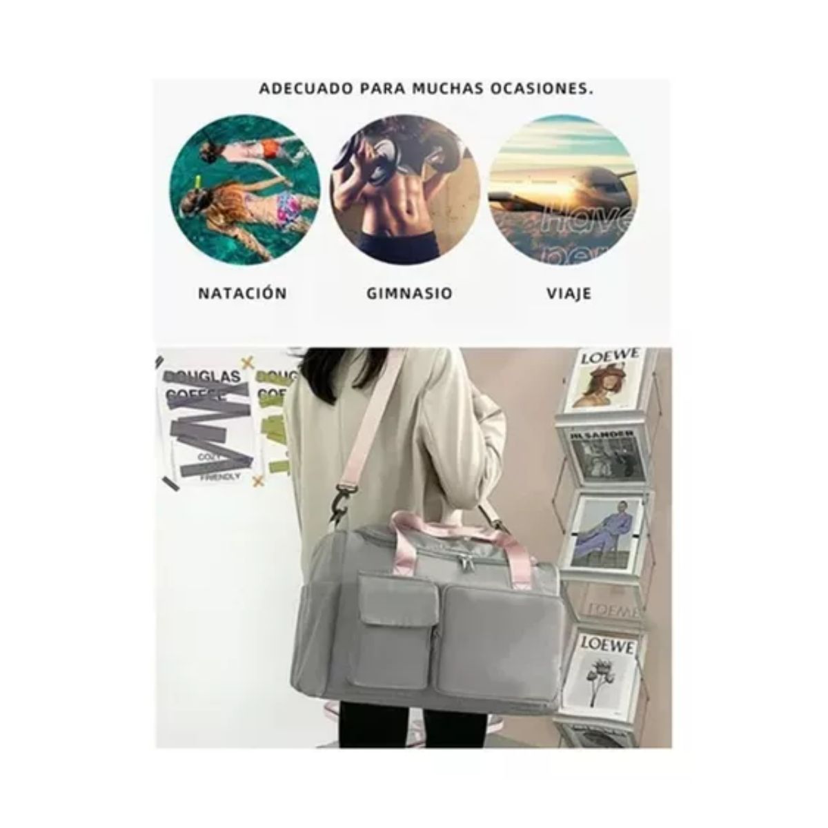 Maleta Gym Deportiva Bolsa Mujer Viaje Mochila Fitness Gris cintas rosa