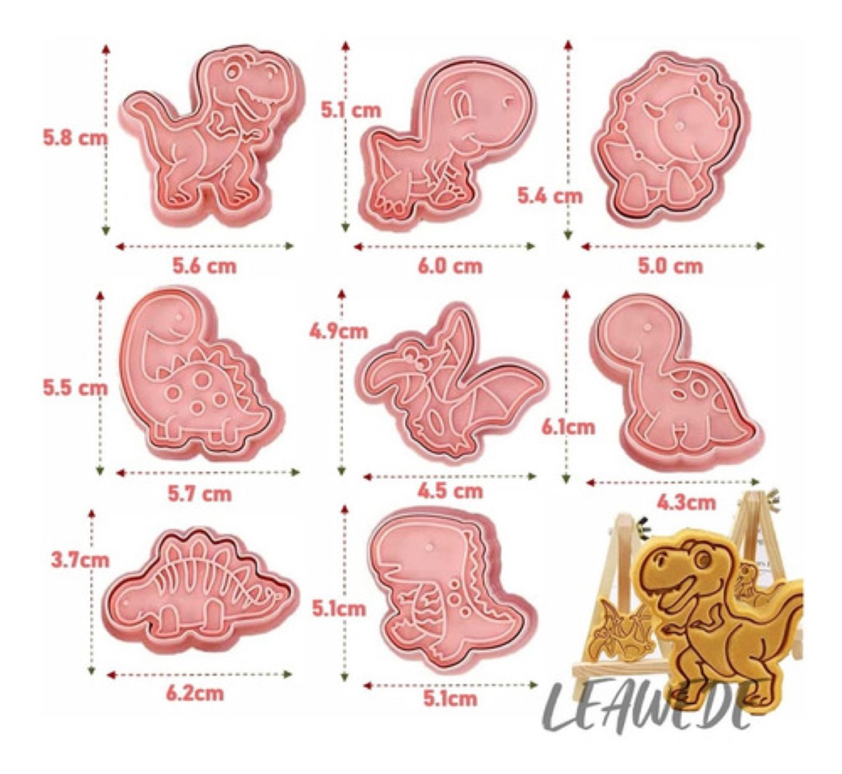 8 Pzs Cortadores De Galletas Dinosaurios Moldes Repostería Rosa