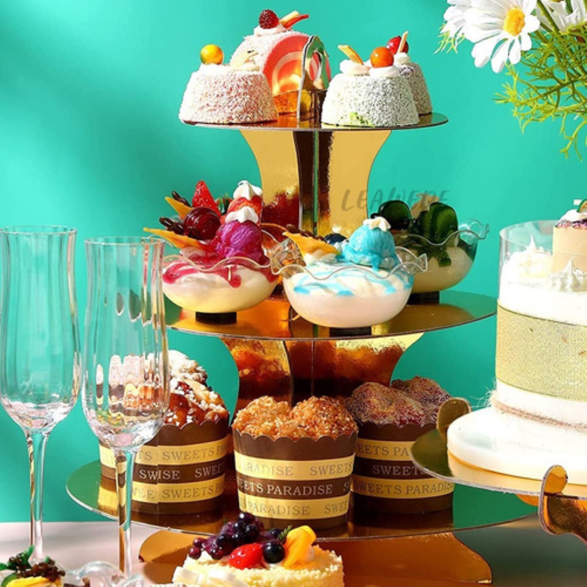 2pzs Base Para Cupcakes Y Postres De 3 Nivele Reutilizable Dorado