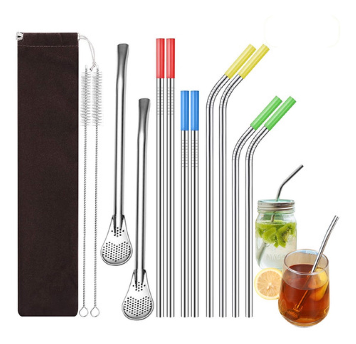 21 Popotes Pajitas De Metal De Acero Inoxidable Y Cucharas Plata 