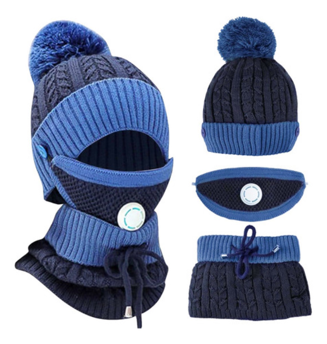 3en1 Gorro Tejido Bufanda Cuello Invierno Para Frío Mujer Azul
