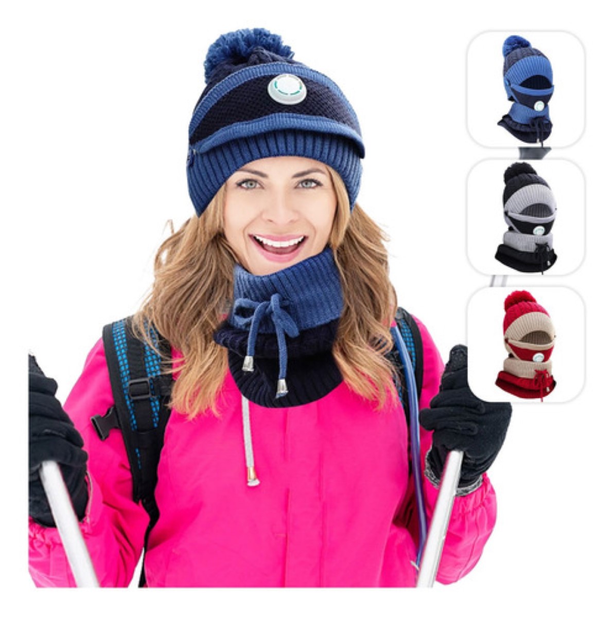 3en1 Gorro Tejido Bufanda Cuello Invierno Para Frío Mujer Azul