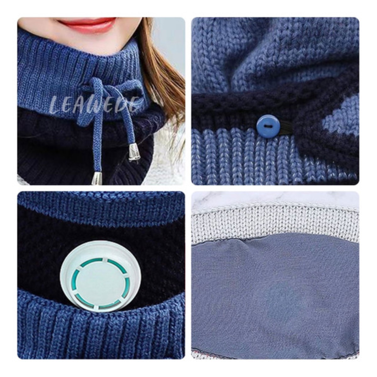 3en1 Gorro Tejido Bufanda Cuello Invierno Para Frío Mujer Azul