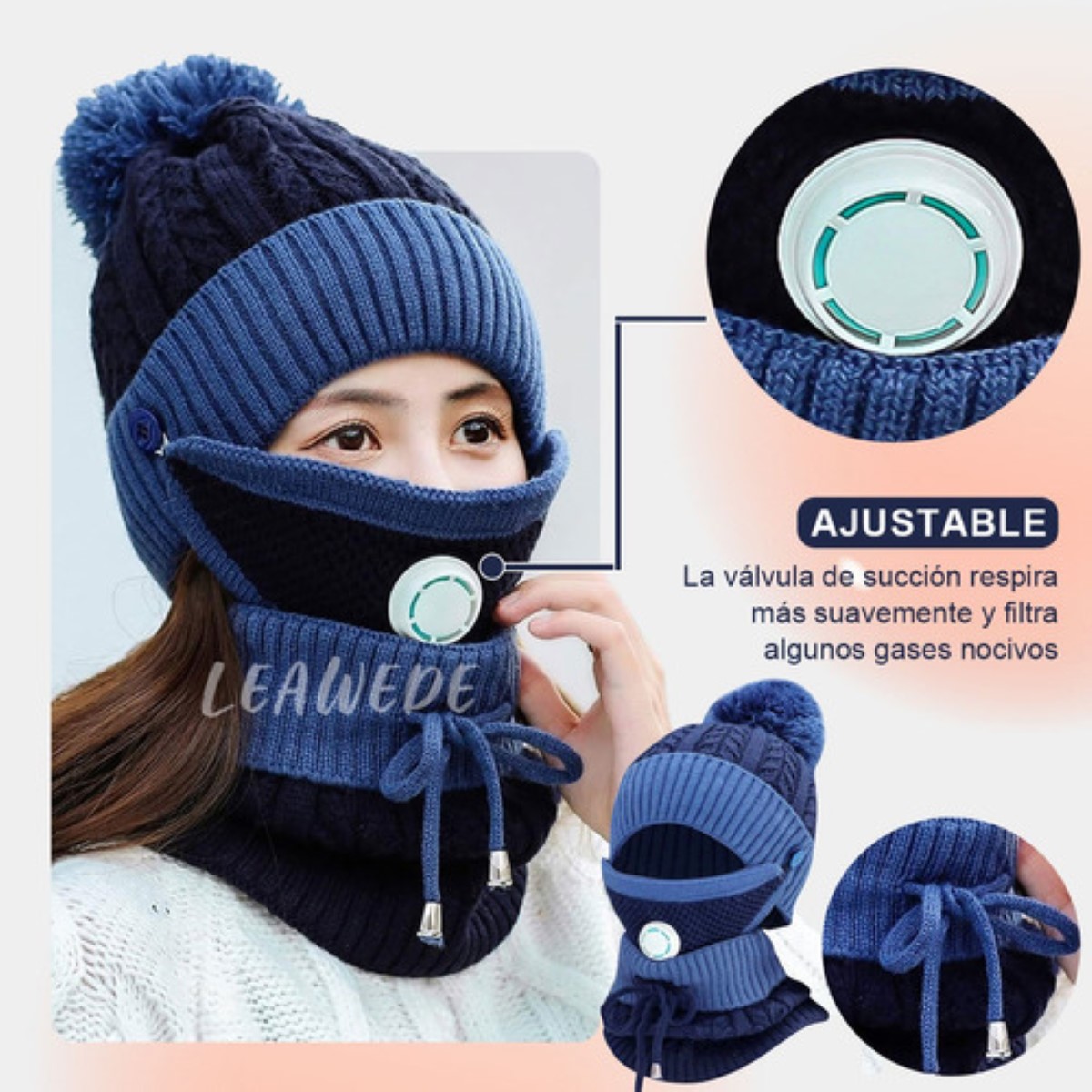 3en1 Gorro Tejido Bufanda Cuello Invierno Para Frío Mujer Azul