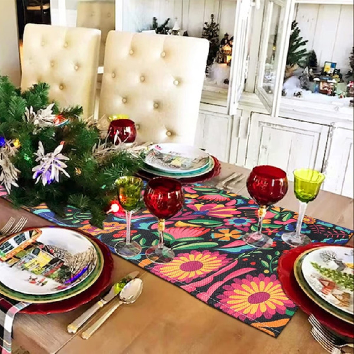 Camino De Mesa Textura Lino 33*183cm Estilo Mexicano flor