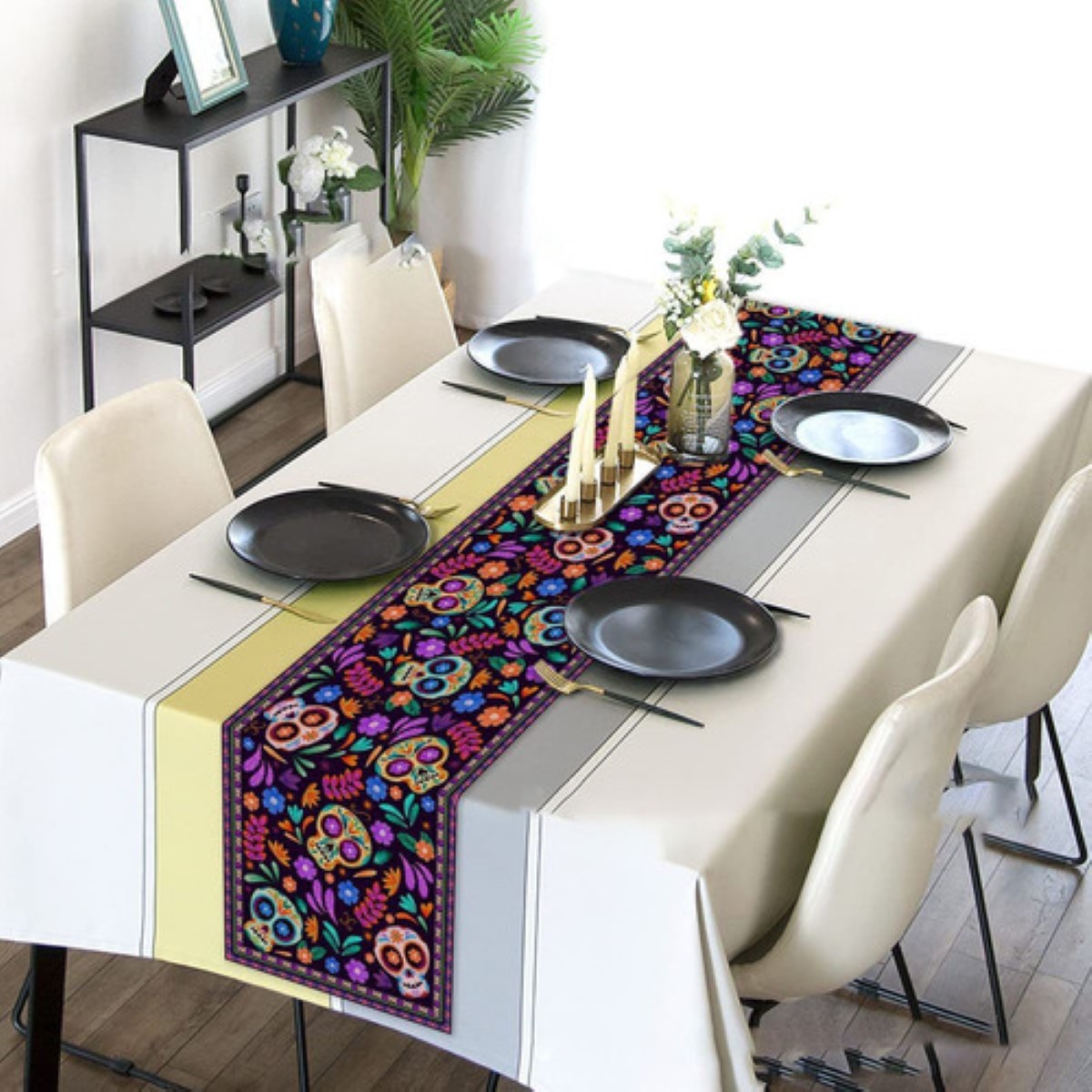 Camino De Mesa Textura Lino 33*183cm Estilo Mexicano Esqueleto