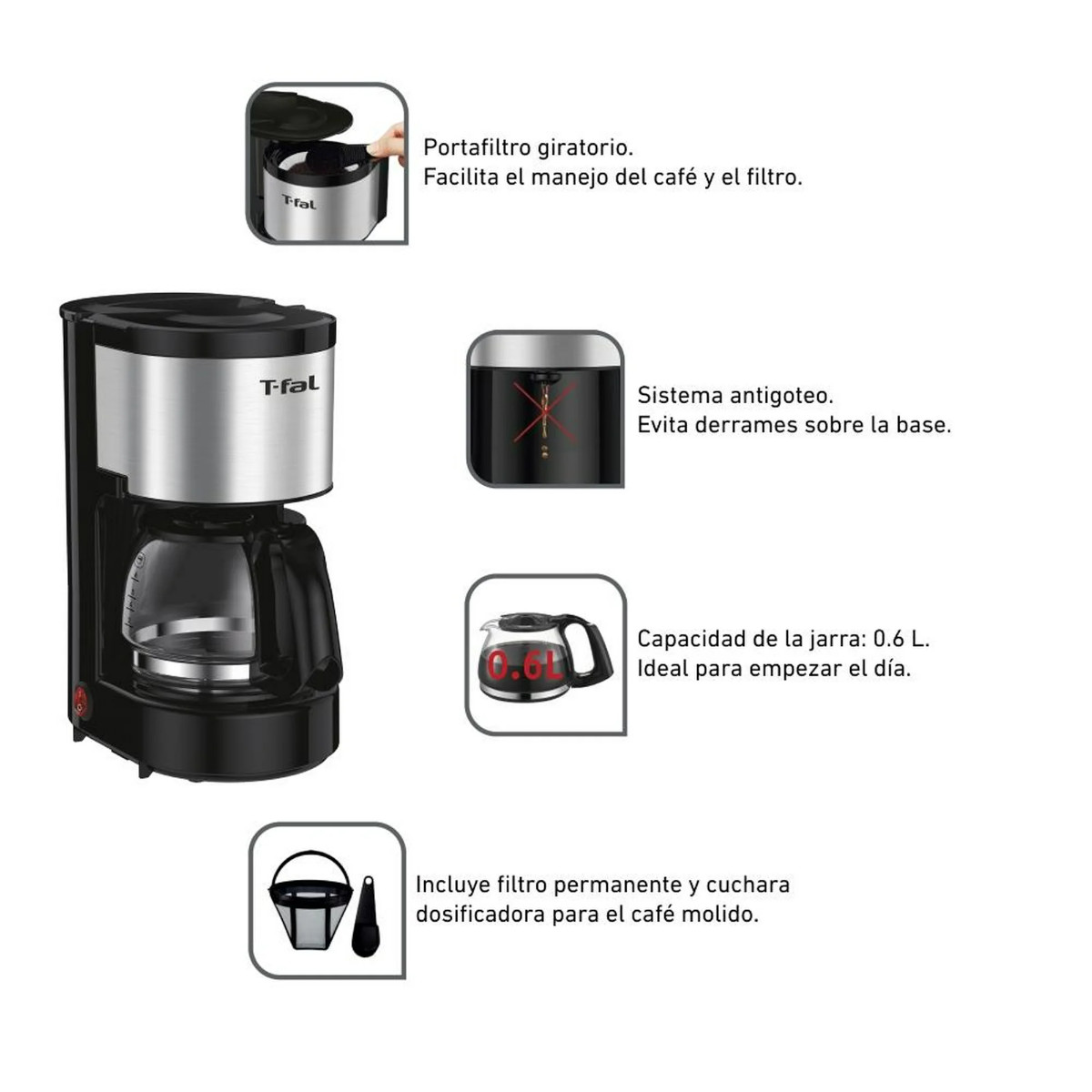 Cafetera Filtro Lavable T-FAL CM321DMX 4 tazas jarra vidrio