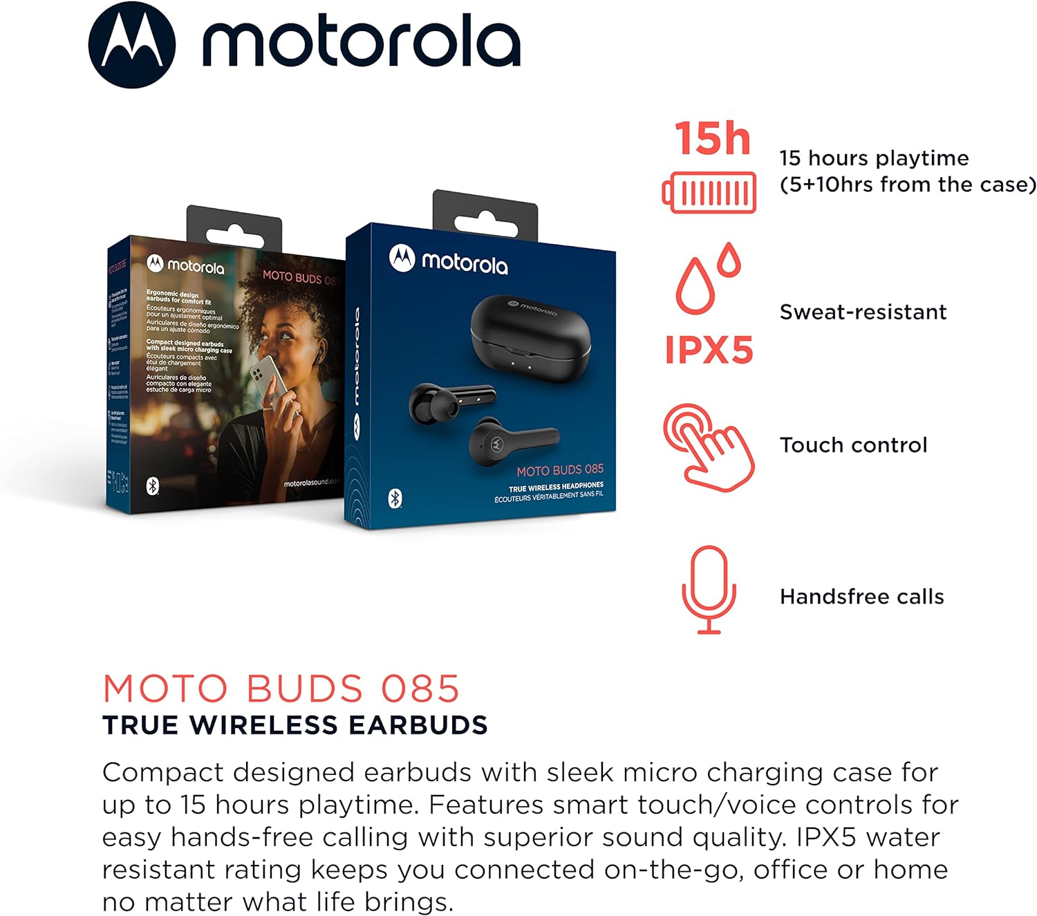 Audífonos Bluetooth Inalámbricos con Micrófono Motorola Moto Buds 085 Negro